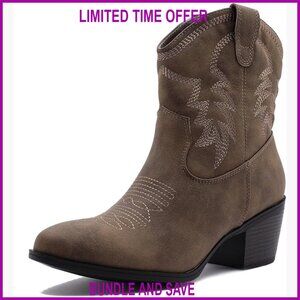 Women's Mid Calf Western Cowboy Boots Low Heel Almond Toe Faux Leather
